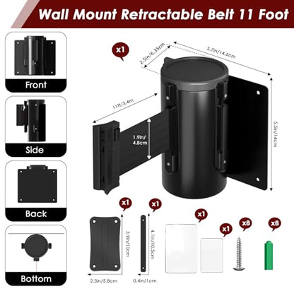 kaiyomi 11 Feet Retractable Belt Barriers Fixed Wall Mount (Black Belt) | Crowd Control Barriers with Black Steel Case, Stainless Steel Spring Expansion Belt - color: Black, size: 11 Feet Upgraded