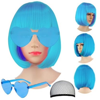 LIULIUBTY Short Bob Hair Wigs Straight with Flat Bangs Synthetic Colorful Cosplay Daily Party Neon Wig for Women with Wig Cap 12" Natural As Real (Teal Blue) - color: Teal Blue