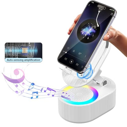 AKLLCCR Wireless Induction Audio Bluetooth Speaker 5in1 Phone Holder Emergency Rechargeable (3000mAh) with Colorful Ambient Light 300° Foldable for Tablet iPhone Android, Gifts for Men Women (White) - color: White