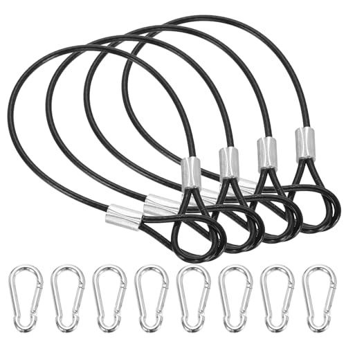 PATIKIL 8 Inch Safety Cable Lock, 4 Pcs 304 Stainless Steel Security Wire Ropes Double Loop Anti-Theft Safety with 8 Spring Buckles for Bicycles Luggage Stage Lighting, Black - color: Black, size: 8 Inch