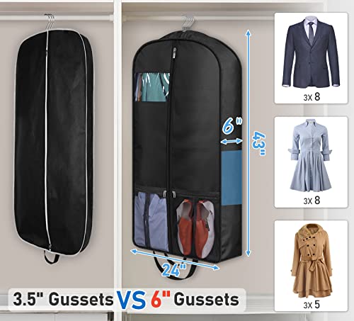 MISSLO 43" Heavy Duty Garment Bags for Travel 6" Gusseted Suit Bags for Closet Storage 4 Handles Hanging Clothes Bag with Pocket Mens Suit Cover for Shirts, Coats, Dresses - size: 43 inch