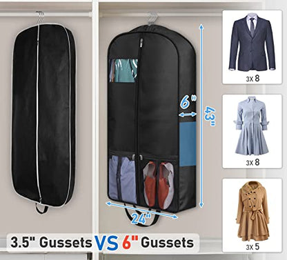MISSLO 43" Heavy Duty Garment Bags for Travel 6" Gusseted Suit Bags for Closet Storage 4 Handles Hanging Clothes Bag with Pocket Mens Suit Cover for Shirts, Coats, Dresses - size: 43 inch
