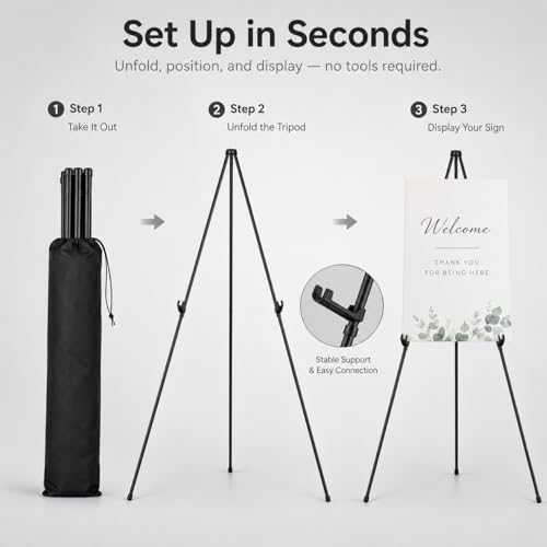 RRFTOK 3 Pack 63 in Sign Easel Stands, Instant-Fold Tripods with Bags | Instant-fold metal tripod with carry bag for welcome sign, poster display, foam board and floor use - style: 63B 3pack