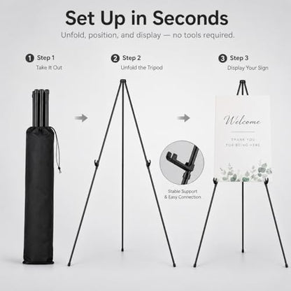 RRFTOK 3 Pack 63 in Sign Easel Stands, Instant-Fold Tripods with Bags | Instant-fold metal tripod with carry bag for welcome sign, poster display, foam board and floor use - style: 63B 3pack