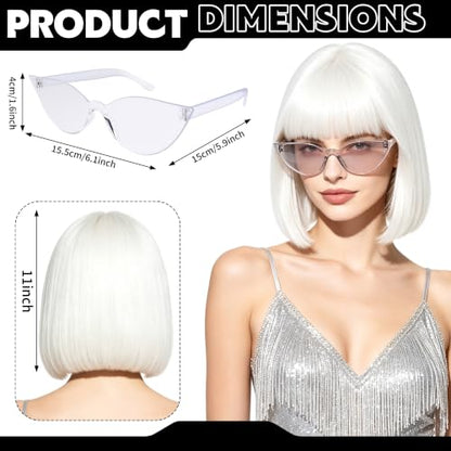 Short Bob Straight Hair Wigs with Bangs, Heat Resistant Fiber Hair, Cat Eye Glasses for Women (White) - color: White