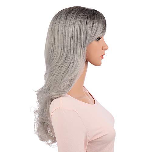 Onedor Full Head Beautiful Long Curly Wave Stunning Wig Charming Curly Costume Wigs with Fringe (Brown Silver Ombre-6TST0906) - color: Brown Silver Ombre-6TST0906