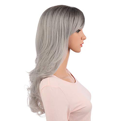 Onedor Full Head Beautiful Long Curly Wave Stunning Wig Charming Curly Costume Wigs with Fringe (Brown Silver Ombre-6TST0906) - color: Brown Silver Ombre-6TST0906