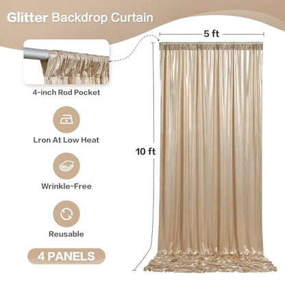 gogoparti 20x10FT Champagne Gold Sequin Backdrop Curtain - 4 Panels of 5x10FT Wrinkle-Free Glitter Drapes for Photography, Birthdays, Weddings & Graduations - color: Champagne, size: 5FT x 10FT(4 panels)