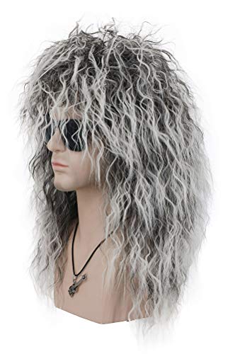 VGbeaty Adult Men Women Long Curly Gray Gradient White Wig 70s 80s Rocker Mullet Halloween Costume Cosplay Wig | 70s 80s Rocker Halloween Costume Cosplay Wig - color: Gray Gradient White
