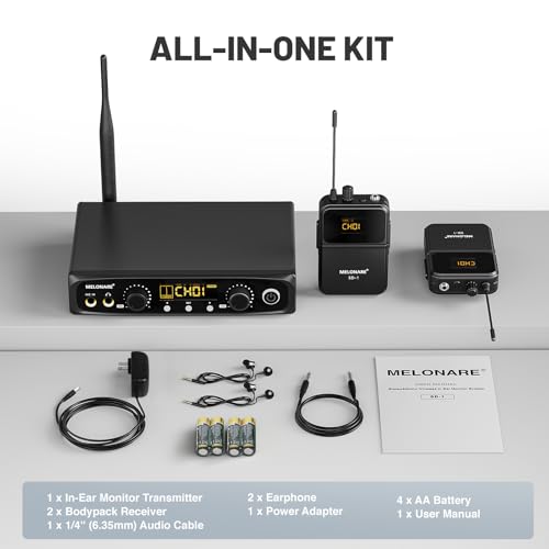 MELONARE Wireless IEM System Stereo/Mono 61 미터 SD-1-2R | 바디팩 수신기 2개, 이어폰, 10개의 가변 주파수, 61m 범위, 음악가, 밴드, 스튜디오