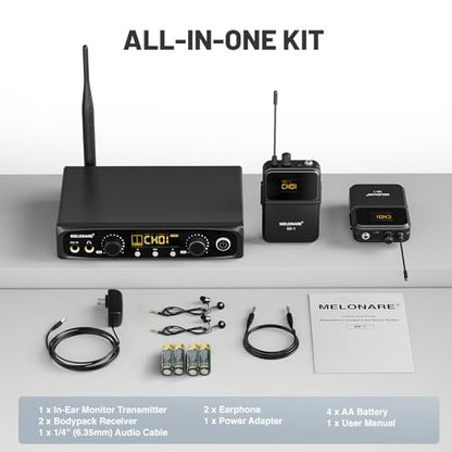 MELONARE Wireless IEM System Stereo/Mono 61 미터 SD-1-2R | 바디팩 수신기 2개, 이어폰, 10개의 가변 주파수, 61m 범위, 음악가, 밴드, 스튜디오