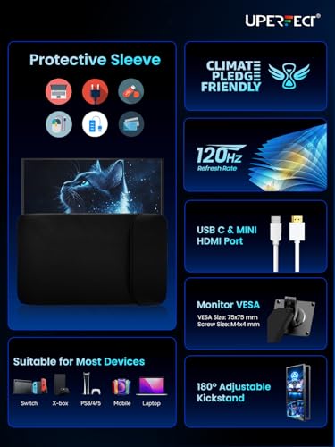 UPERFECT 18.5" 120Hz Portable Monitor, 125% sRGB Large Gaming Monitor | 1080P FreeSync 1ms IPS USB-C Mini HDMI Travel Second Screen with Kickstand, Bag, VESA, for Laptop, PC, Phone, Game Consoles - size: 18.5-Inch