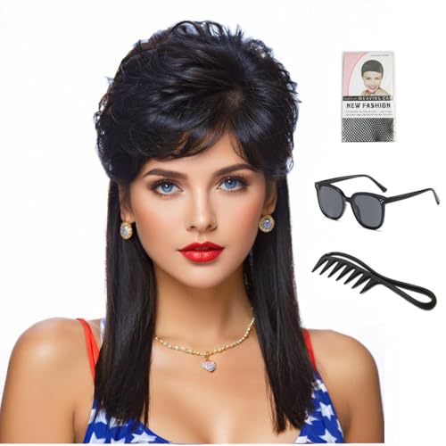 Adequate Women's Black Mullet Wig 80s 90s Costumes Fancy Party wig Joe Dirt Emo Halloween Cosplay Wigs (Black) - color: B-Black
