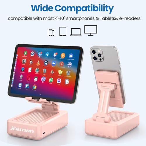 JTEMAN Bluetooth Speaker with Cell Phone Stand,Gifts for Men Tech Gadgets | Big Sound & Clear Bass, Wireless Audio Speaker Stand for iPhone/Android, Foldable Adjustable Phone Holder for Home Office - color: Pink