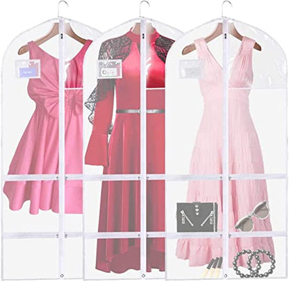 50 Inch Clear Garment Bags for Hanging Clothes (3 Pack), Extra Long Dance Costume Bags with 4 Zipper Pockets for Gowns, Lyrical Dresses & Pageant Competitions, Waterproof PVC Travel Carrier - size: 50"