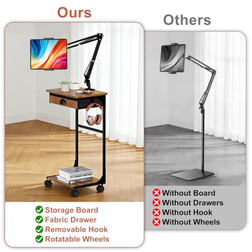Floor Kindle Phone Tablet Stand with Drawer & Storage Shelves, Angle Height Adjustable Tablet Kindle Cell Phone Holder For Bed with Rotating Wheels, Compatible With 4.7"-13" Tablet iPone iPad Air Pro - size: 11.4"D x 15.4"W x 57.6"H