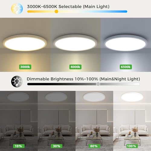 zemty 12 Inch LED Ceiling Light with Night Light 1800K, 3000K/4000K/6500K Dimmable Light Fixtures with Remote Control,24W 2400lm Flush Mount Ceiling Lamp for Bedroom LivingRoom Bathroom Kitchen-White - color: White, size: 12in-1Pack