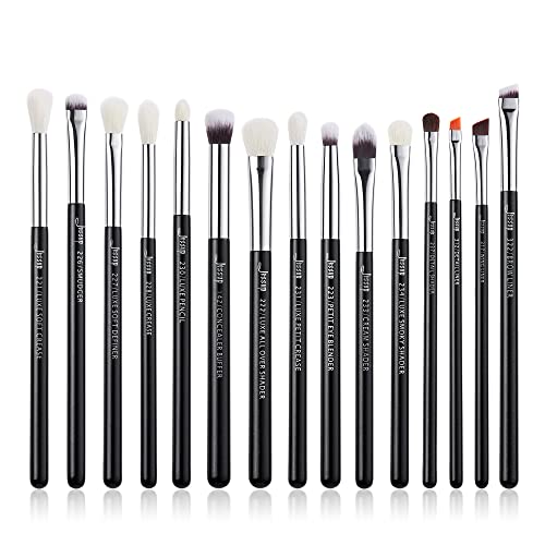 Jessup Eye Makeup Brushes Set Professional for Eyeshadow Eyeliner Brow T177 | 15pcs Labeled Brush Set, Mixed Goat-Synthetic Hair, Sharp Definition, Creates Smoky & Natural Eye Looks, for Makeup Lover - color: Pearl Black/Silver