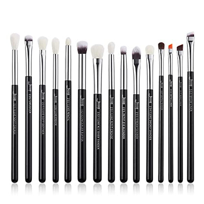 Jessup Eye Makeup Brushes Set Professional for Eyeshadow Eyeliner Brow T177 | 15pcs Labeled Brush Set, Mixed Goat-Synthetic Hair, Sharp Definition, Creates Smoky & Natural Eye Looks, for Makeup Lover - color: Pearl Black/Silver