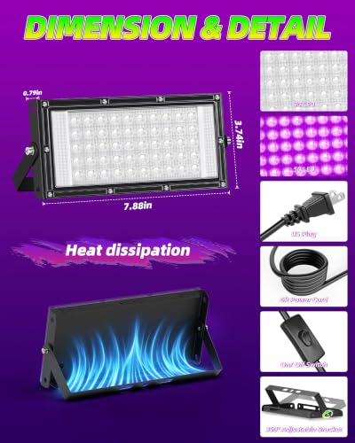 2 Pack 50W LED Black Light for Halloween, Waterproof Blacklight Glow Party | IP66, Outdoor, Birthday, Neon Party, Body Paint, Fluorescent Poster Tapestry, Bedroom, Classroom, 6ft Cord & Plug & Switch - style: 50W-2Pack