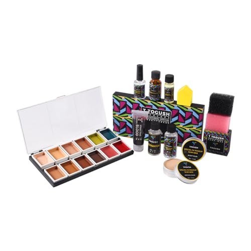 SFX Makeup Kit 12 Color Palette Scar Wax Halloween Cosplay | Spirit Gum, Fake Blood, Activator, Sealer & makeup tools for face body painting, theater, parties and special effects