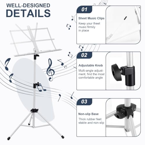 Threehoney 6 Pack Portable Folding Music Stand with Carrying Bags, Dual Use Metal Desktop Book Holder, Adjustable Height 25.6–59", Stable Tripod for Musicians, Students & Band (White) - color: White