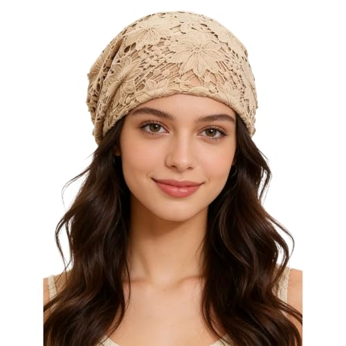 Crochet Slouchy Beanie Hat Handmade Knit Slouchy Floral Skull Hat Cutout Hats for Women Lightweight Knitted - color: F-khaki