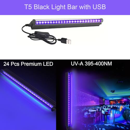 10W 1ft Blacklight Bar T5, 2 Pack UV LED Blacklight, 395-400nm Black Light Tube with USB+Switch+59in Cord, Black Lights for Glow Party, Bedroom, Body Paint, Fluorescent Poster, Birthday - size: T5-2Pack