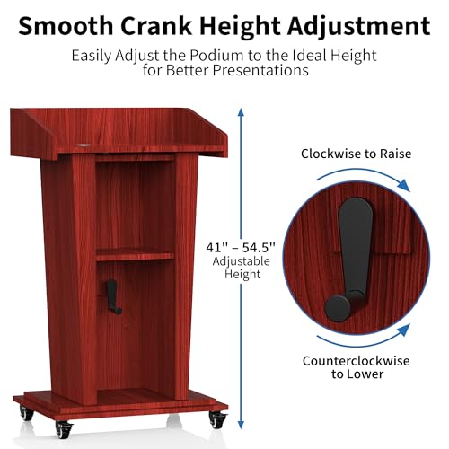 Tredre Wooden Podium Stand with Wheels, 41”–54.5” Height Adjustable Lectern | Mobile Podium with Crank Lift, Stable Base & Storage Shelf, Elegant Pulpit for Churches, Schools, Seminars and Auditoriums - color: Dark Cherry