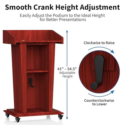 Tredre Wooden Podium Stand with Wheels, 41”–54.5” Height Adjustable Lectern | Mobile Podium with Crank Lift, Stable Base & Storage Shelf, Elegant Pulpit for Churches, Schools, Seminars and Auditoriums - color: Dark Cherry