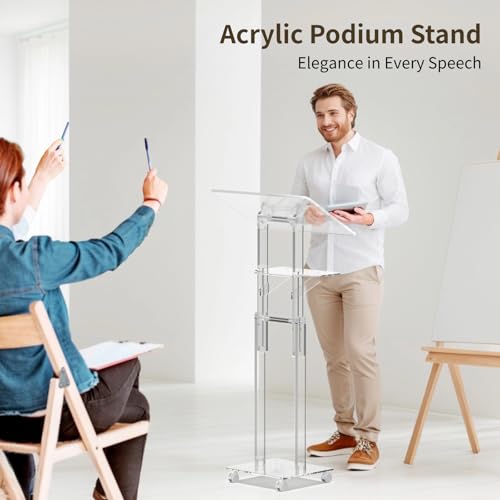 Acrylic Podium Stand Portable, Rolling Podium with Wheels, Clear Podium with Storage Shelf, Lockable Wheels for Churches, Classroom, Weddings, Speech (Adjustable Size, 37.8-47.2 inches Tall) | 37.8–47.2 in height range, tilting top, storage shelf and lock