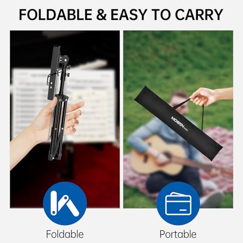 MOSEN Folding Music Stand 2-in-1 Dual-Use & Desktop Book Stand Lightweight Adjustable Metal Sheet Music Stand, Portable Desktop Stand with Carrying Bag, 1 Pack, Black - color: Matte Black