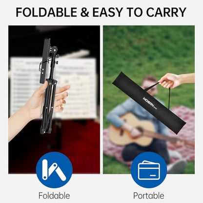 MOSEN Folding Music Stand 2-in-1 Dual-Use & Desktop Book Stand Lightweight Adjustable Metal Sheet Music Stand, Portable Desktop Stand with Carrying Bag, 1 Pack, Black - color: Matte Black