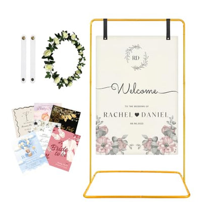 Wedding Welcome Sign Stand Fabric Banner Stand With Design Bundle Rose Vine | Linen Sign Holder Easel Stand for Sign Poster, Bridal Baby Shower Party With Stand Adjustable Welcome to Our Wedding, Gold - color: Gold