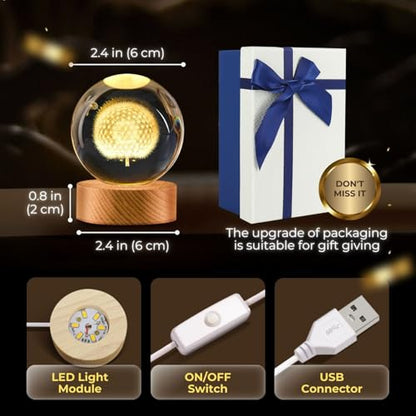 Flexzion 3D Dandelion Crystal Ball Night Light - LED Light Hologram Glass Lamp with Solid Wood Base, USB Powered Crystal Ball Lamp with Adjustable Brightness for Home Decor Display Gift, 2.4inch(60mm) | Dandelion Lamp with Solid Beech Wood Base and Adjust