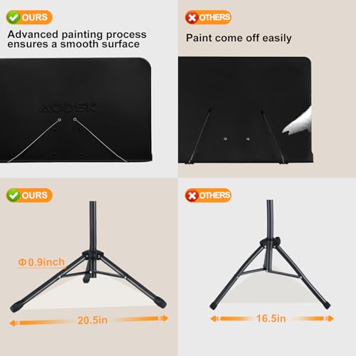 AODSK 5 in 1 Dual-Use Folding Sheet Music Stand & Desktop Book Stand, Adjustable Height Portable Music Stand with Carrying Bag, Sheet Music Clip & Book, for Home School Band, Black
