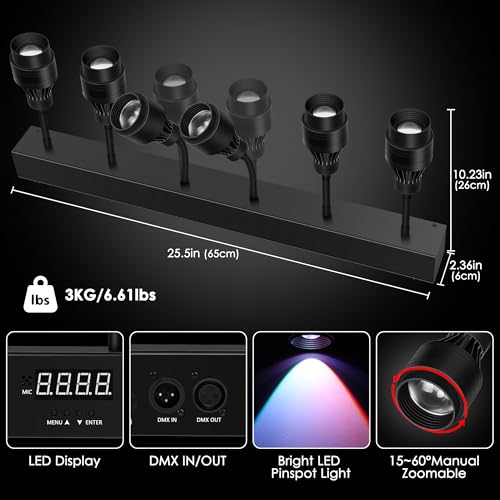 LED Pinspot Lights,160W 6PC RGBW 4IN1 LED Stage Pinspot Light Bar 15°~60° Manual Zoom Disco Ball Pin Spot Lights DMX Sound Activated Spotlight for Party Wedding Church Stage DJ Club Bar