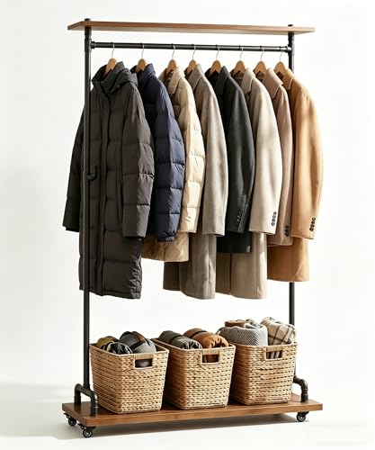 Industrial Pipe Clothing Rack, Wood Clothes Rack, Rolling Garment Rack | Iron Clothing Hanging Rod with Shelves, Wheels and Hangers, Heavy Duty, Steampunk, Retail, Bed Room, Entry, Laundry Room