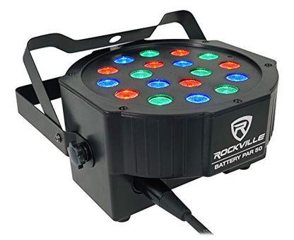 Rockville Battery PAR 50 18W LED DMX Wash Up-Light, Rechargeable Battery, Remote Control, RGB Color Mixing, Sound Activated, for DJs, Clubs, Parties, Weddings | Wireless Remote, 8-10 Hour Battery, 18x1W RGB LEDs, 7 DMX Channels, Sound Activated, Master/Sl