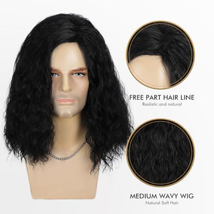 Mens Black Curly Wig Mid Length Wavy Synthetic Hair Wigs for Men Male Costume Party Cosplay Halloween or Fun (14inch, Black) - color: Short Black