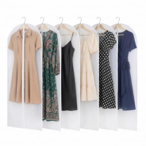 6 Pack Translucent Suit Garment Bag with Zipper 24" x 55" | Frosted PE Hanging Garment Covers, Dust-Proof Clothes Protector Bag for Travel, Dance Costumes, Dresses, Suits - Clear View - size: 24 × 55 in