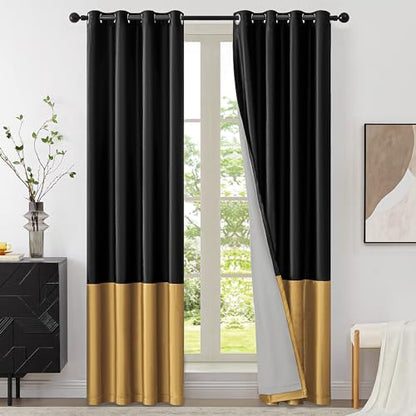 BULBUL Black Gold 100% Full Blackout Velvet Curtains,72 inches Long Modern Liner Curtains Thermal Drapes Panels for Living Room Bedroom Grommet Set of 2 - color: Black & Gold, size: 52"W x 72"L (Pack of 2)