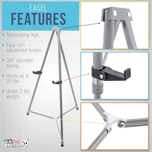 U.S. Art Supply 66" High Gallery Silver Metal Display Easel, Large | Adjustable Height Aluminum Portable Easel Stand, Sign Display, Holds 25 lbs - Floor & Tabletop Easels, Painting Stand