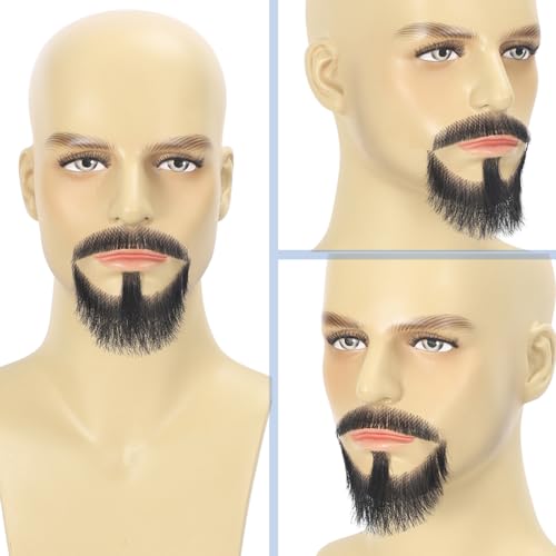 Hand-Tied Human Hair Fake Beard and Mustache for Costumes and Theater | Hand-knotted human hair on lightweight lace creates natural-looking facial hair for costumes, cosplay, theater and film - color: Style 1--black