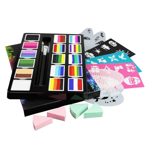 16x10 gm Face Paint Professional Face Painting Kit for Adults with Stencils, Water Based Facepaint One Stroke Split Cake Palette Rainbow Body Paint Party Halloween Makeup Set
