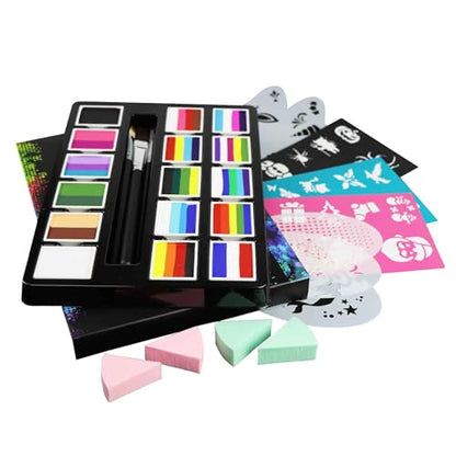 16x10 gm Face Paint Professional Face Painting Kit for Adults with Stencils, Water Based Facepaint One Stroke Split Cake Palette Rainbow Body Paint Party Halloween Makeup Set