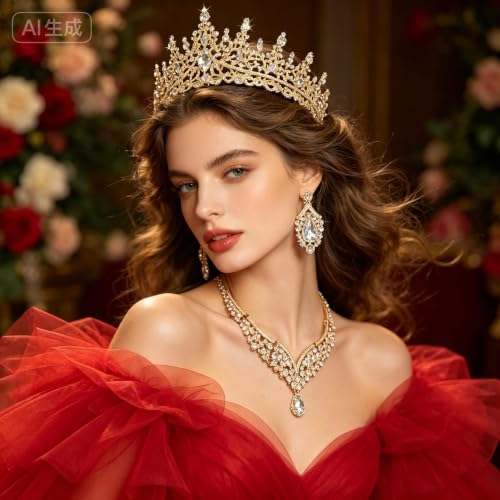 Tiaras Crowns for Women,Wedding Jewelry Set, Tiaras Necklace Earrings Crystal Bridal Wedding Jewelry Sets for Brides Bridesmaid Prom Costume Accessories - color: Gold whtie