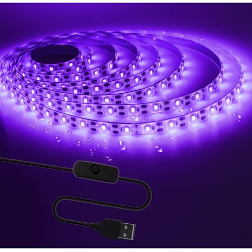 UV LED Strip Lights, 5V USB 9.84ft Black Light with Switch SMD 2835 395nm-405nm IP65 Waterproof Total 180 LEDs Rope Strips for Bar, Halloween Party, Club, Decoration - color: 5V USB UV Purple