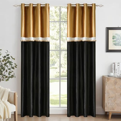 GIGIZAZA Velvet Pom Curtains 96 Inch for Living Room 2 Panels Gold Black - color: Pom Pom/Gold+black, size: 52"W x 96"L (Pack of 2)