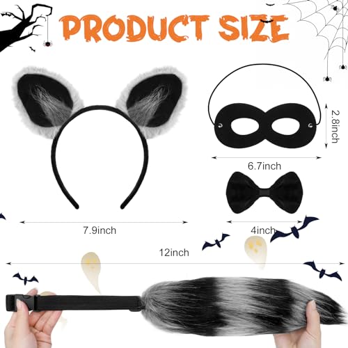 6 Pieces Kids Raccoon Costume Accessories Set | Animal Ears Headband Claw Gloves Tail Bow Tie and Mask for Boys Girls Adult Halloween Christmas Carnival Cosplay Party Suit